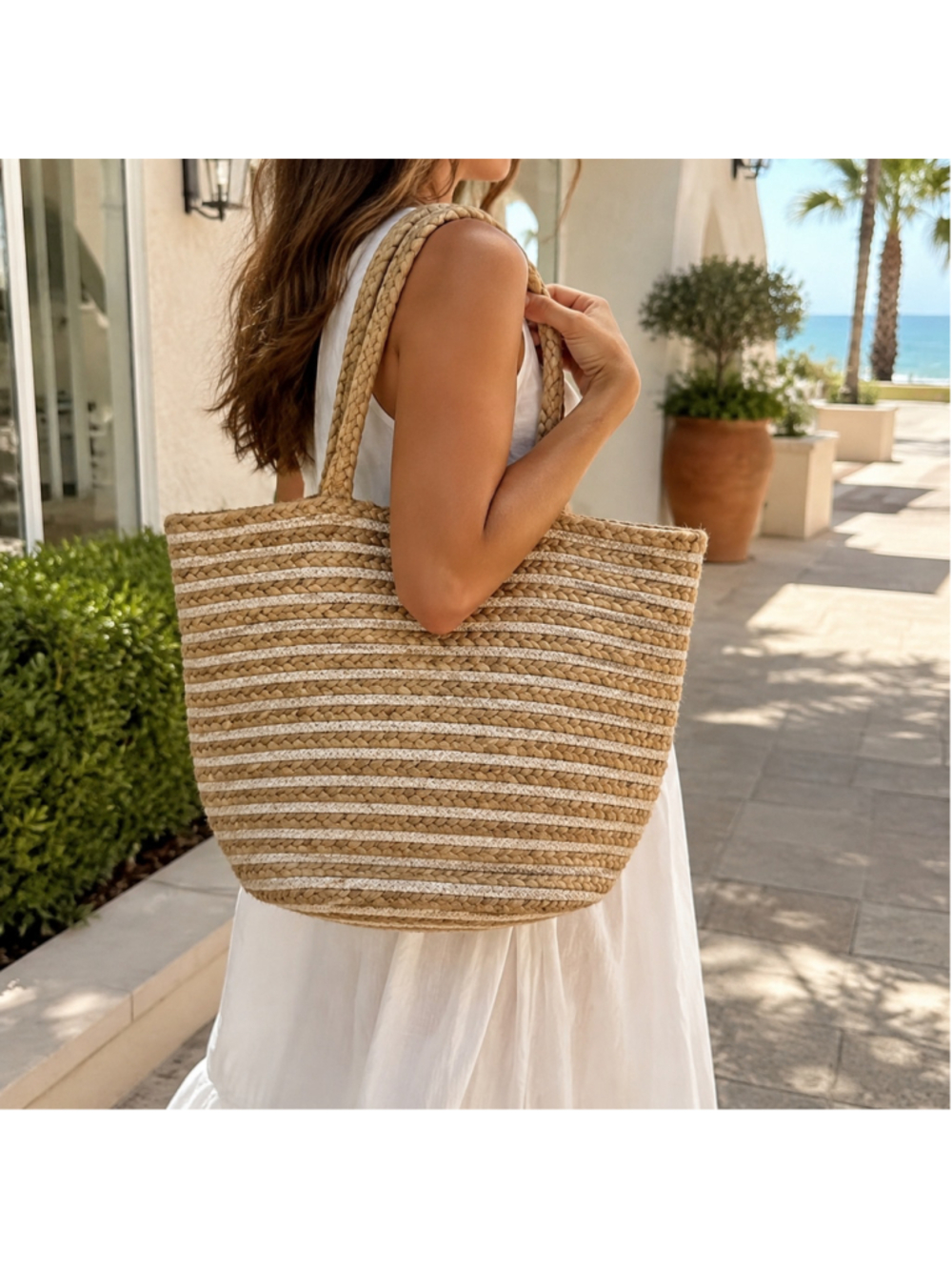 Women's Unbranded Woven Tote Bag One Size Beige White